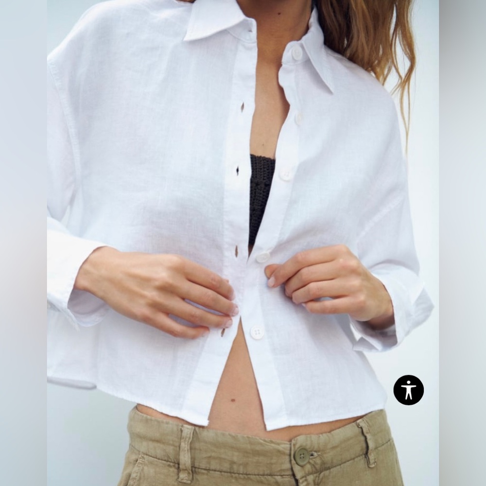 Zara White Linen Cropped Button Down Shirt - M